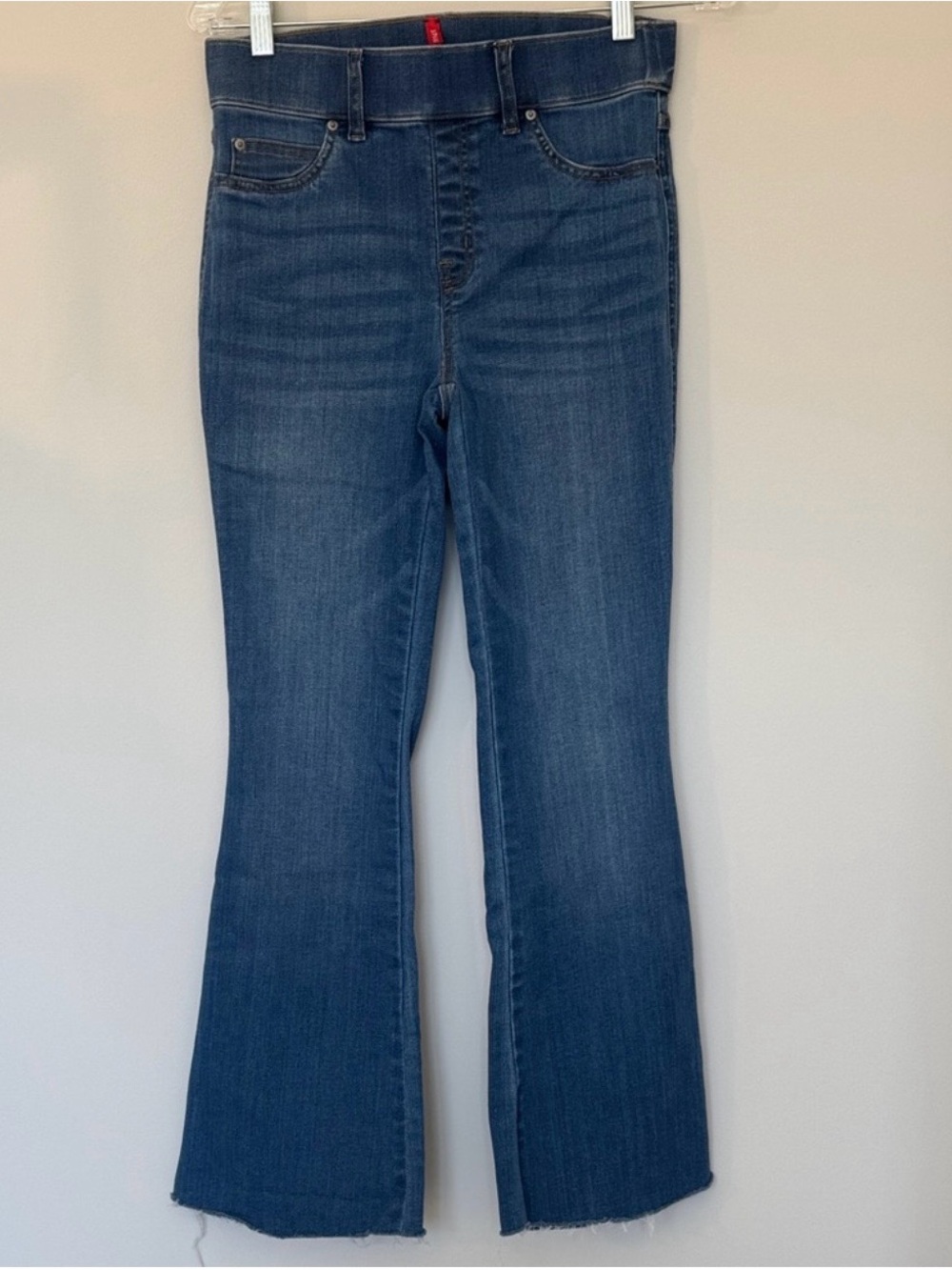 SPANX Blue Raw Hem Cropped Kick Flare Jeans | Pull-On Shaping Denim | Size SP